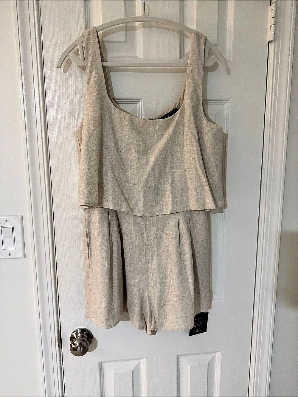 Lulus Effortless Escape Beige Linen Sleeveless Flounce Romper Flounce Romper